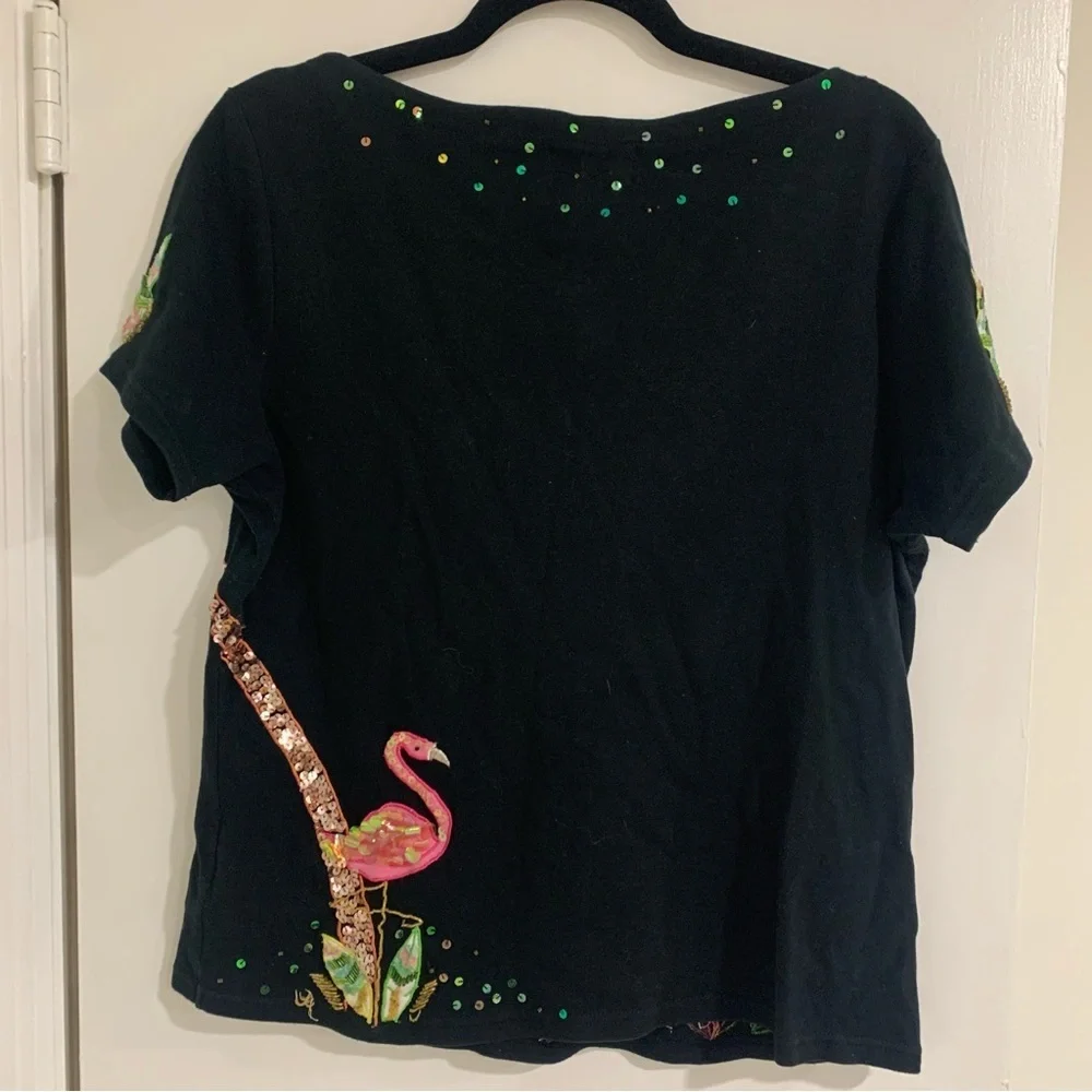 Berek designed by Takako Sakon Vintage Flamingo Beaded Sequins Tropical Top XL - Picture 7 of 11
